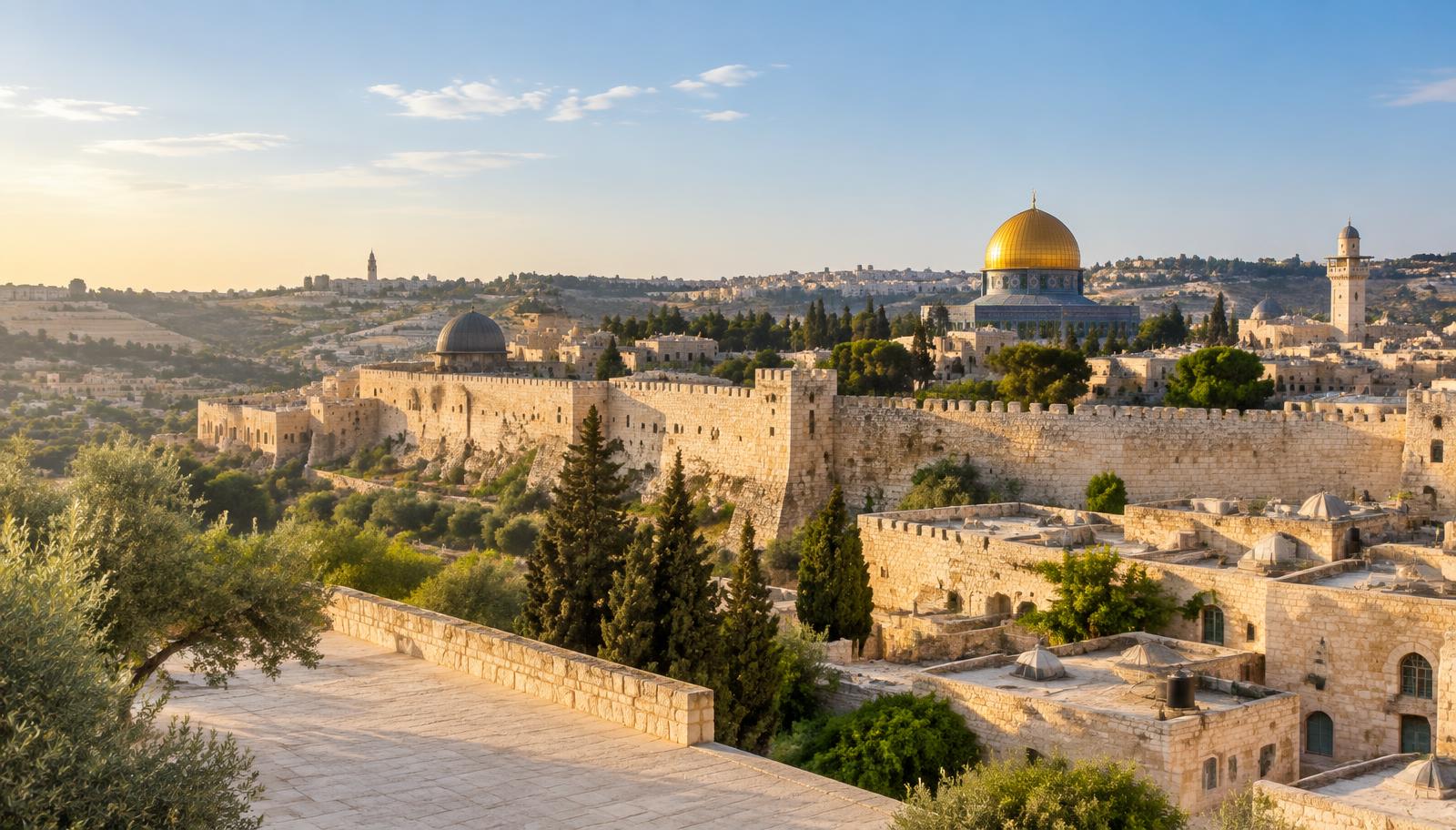 Jerusalem stone walls and skyline in morning light